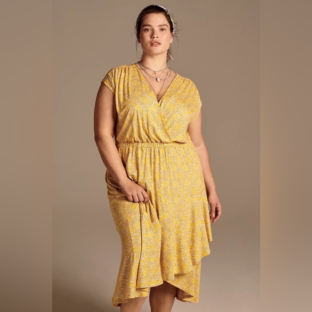 Anthropologie Yellow Vneck Ruffle Midi Dress Size 1x NWT